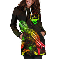 Guam Polynesian Hoodie Dress - Turtle With Blooming Hibiscus Reggae - Polynesian Pride