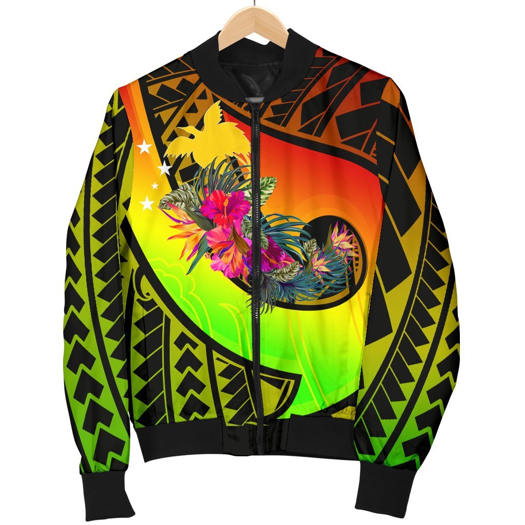 Papua New Guinea Men's Bomber Jacket - Polynesian Hook And Hibiscus (Raggae) - Polynesian Pride