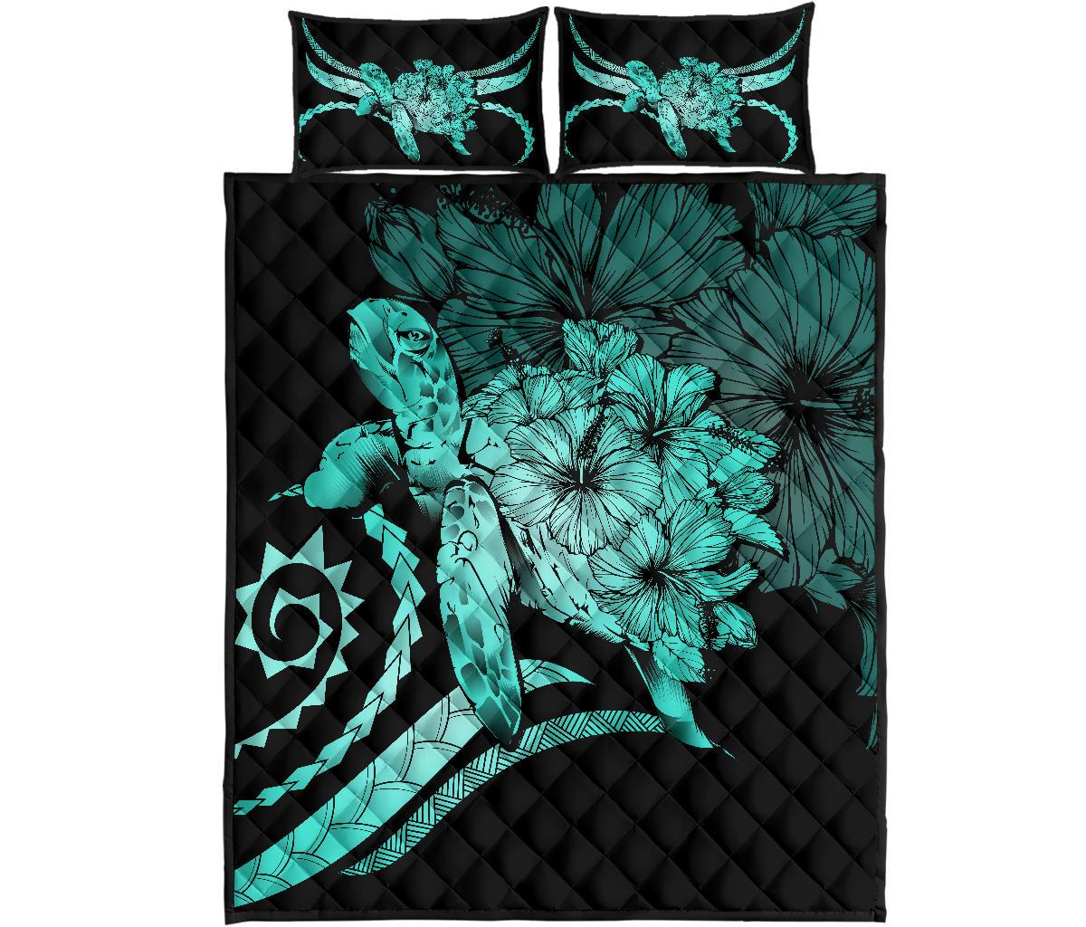 Hawaii Turtle Hibiscus Polynesian Vintage Quilt Bed Set - Turquoise Turquoise - Polynesian Pride