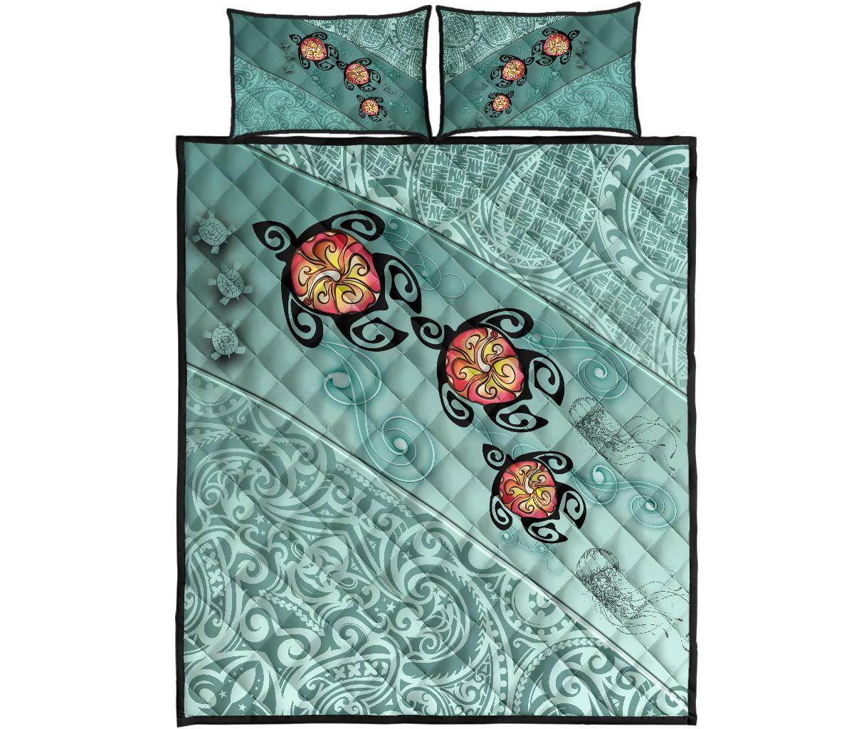 Hawaii Turtle Swimming Tribal Polynesian Quilt Bed Set - AH - Min Style Blue - Polynesian Pride