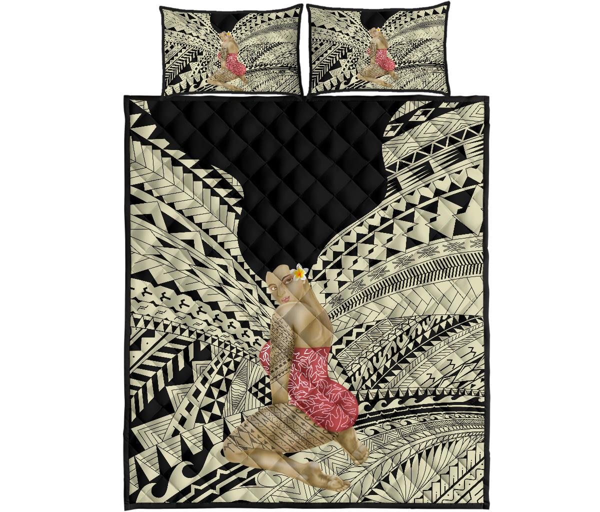 Hawaii Polynesian Hula Girl Wearing Plumeria Quilt Bed Set - Polynesian Pride
