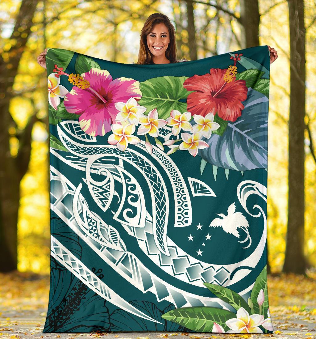 Papua New Guinea Polynesian Premium Blanket - Summer Plumeria (Turquoise) - Polynesian Pride