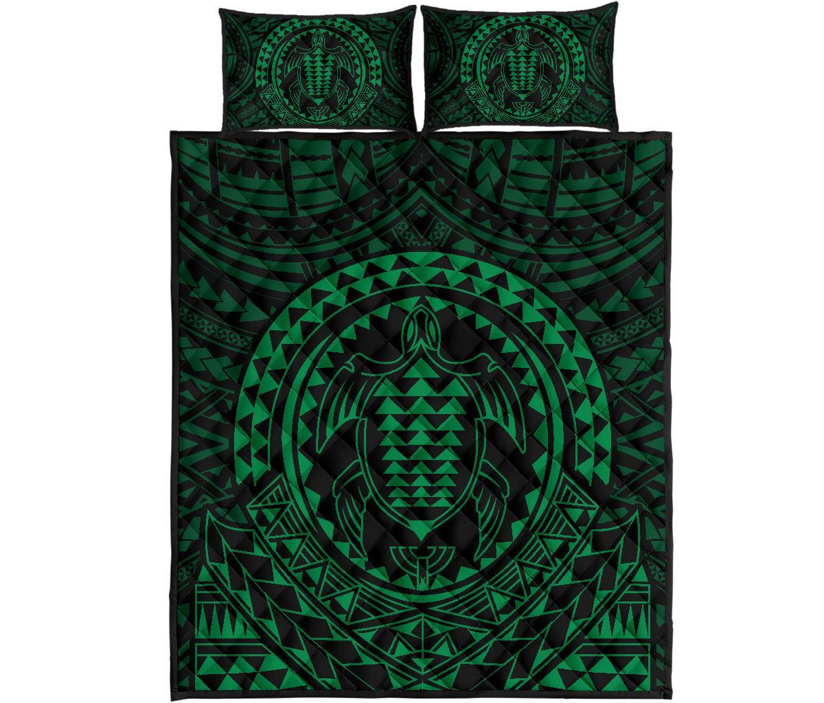 Hawaiian Kakau Honu Arc Green Polynesian Quilt Bed Set Green - Polynesian Pride