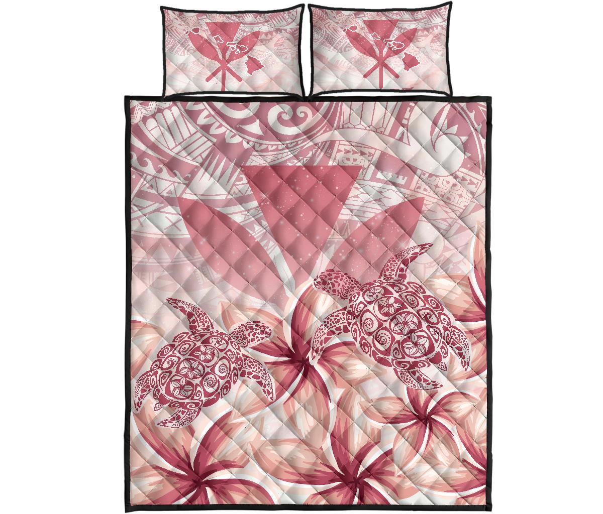 Hawaii Turtle Kanaka Plumeria Polynesian Pink Quilt Bed Set Art - Polynesian Pride