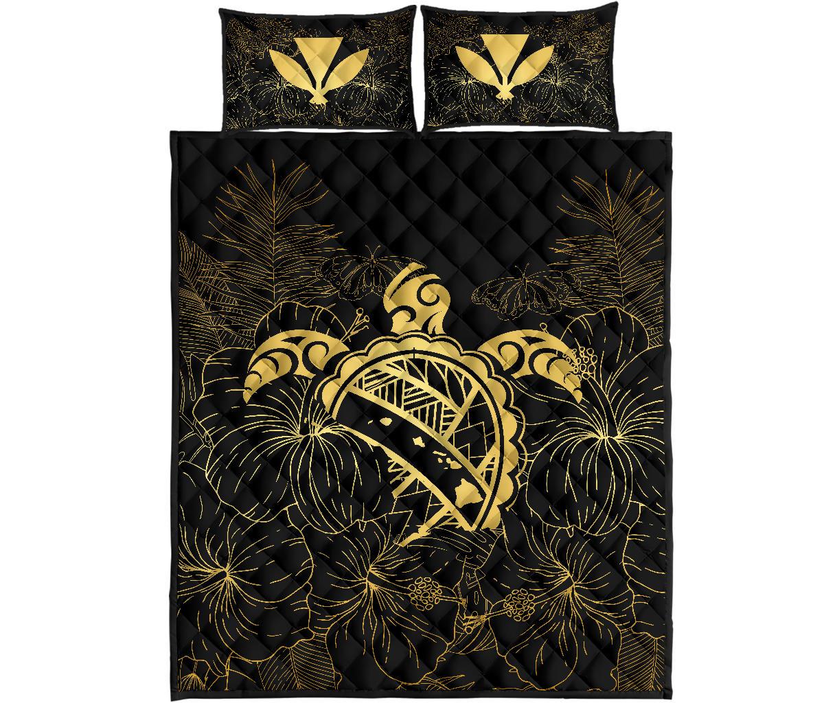 Hawaii Turtle Kanaka Golden Quilt Bed Set Black - Polynesian Pride