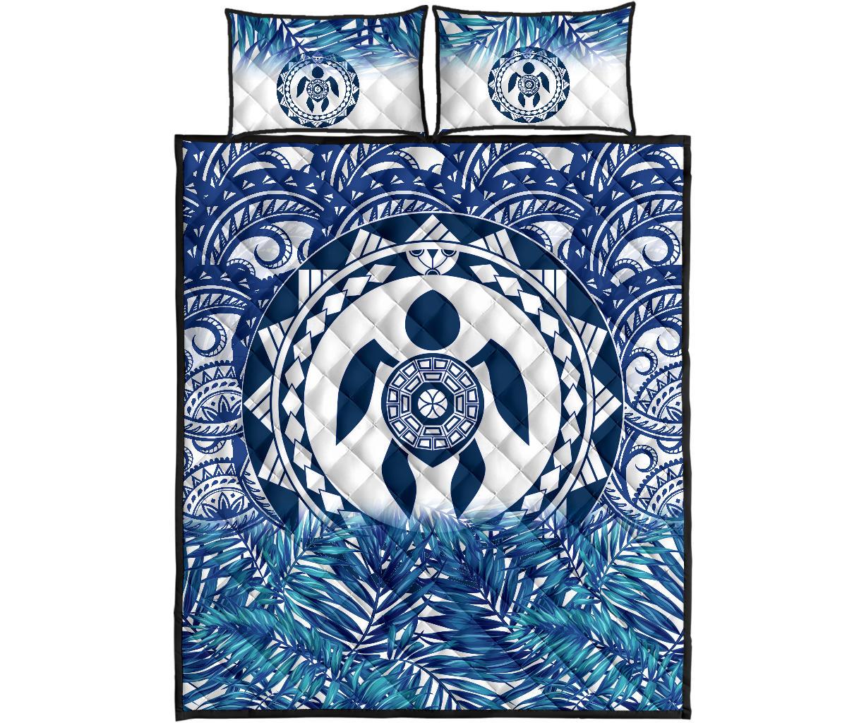 Polynesian Quilt Bed Set - Dark Blue Turtle Palm Gray Version - Polynesian Pride
