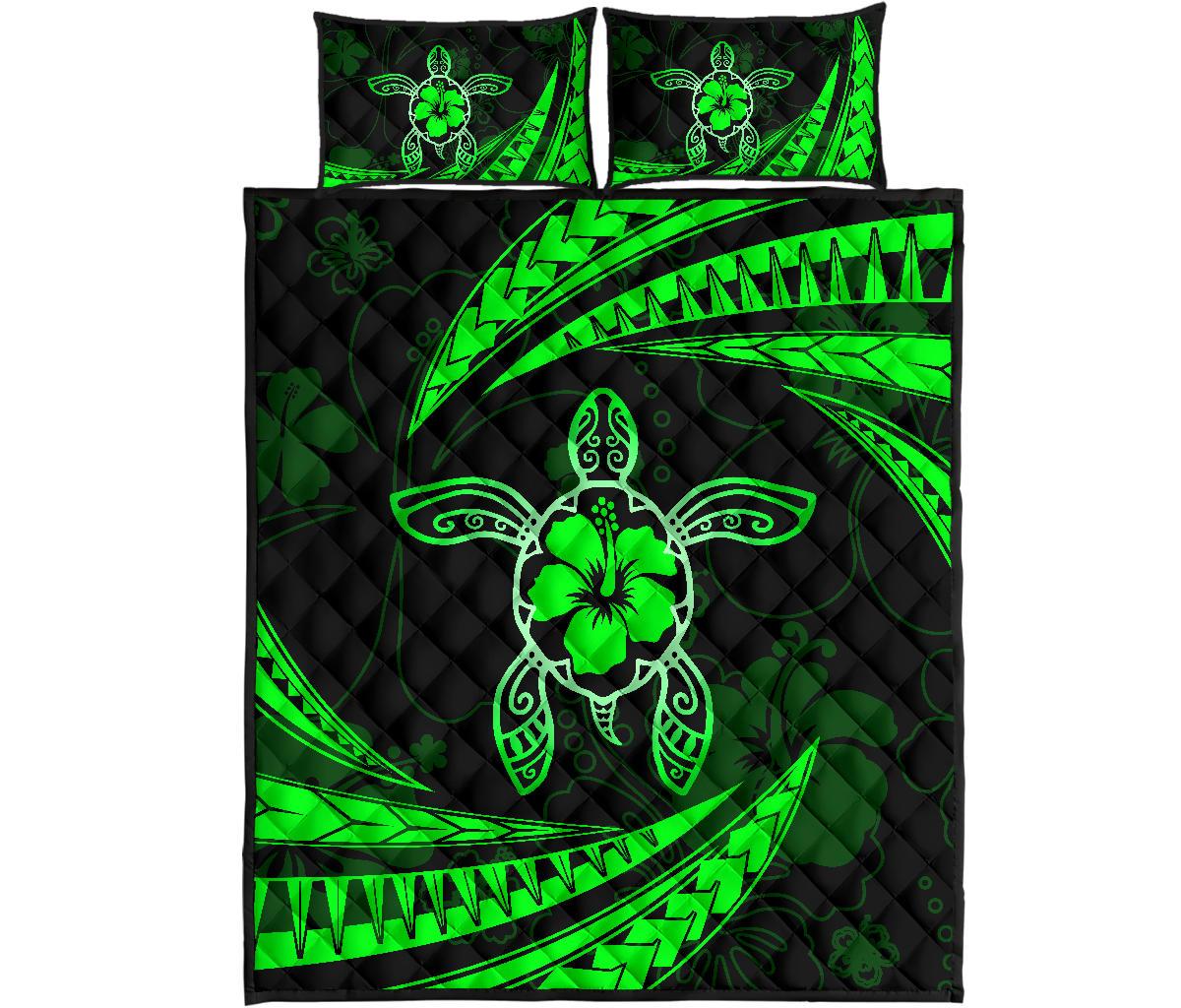 Hawaii Quilt Bed Set - Hibiscus Turtle Tribal Waves Green Green - Polynesian Pride