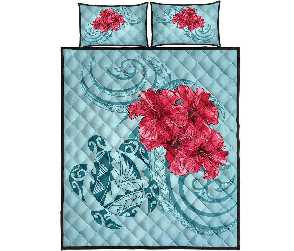 Hawaii Polynesian Turtle Hibiscus Blue Quilt Bed Set - Bless Style Blue - Polynesian Pride