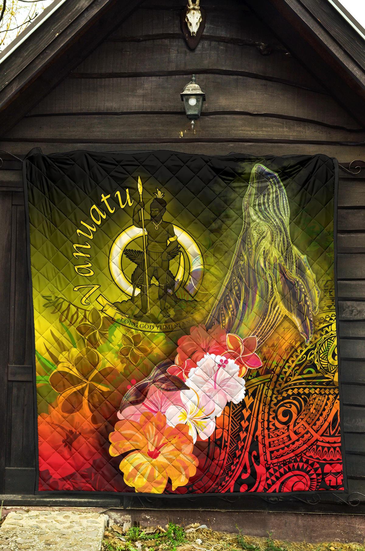 Vanuatu Premium Quilt - Humpback Whale with Tropical Flowers (Yellow) - Polynesian Pride