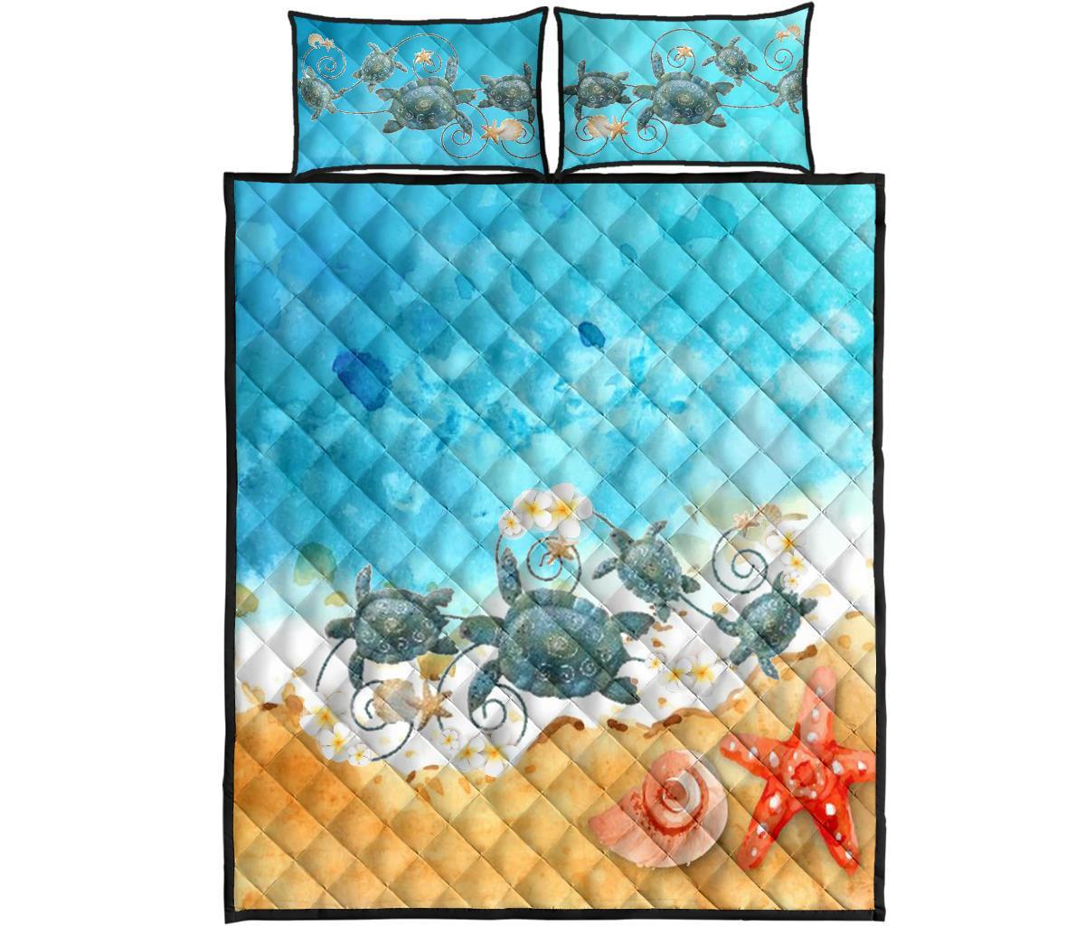 Hawaii Quilt Bed Set - Plumeria Turtles On Beach Hawaiian Blue - Polynesian Pride