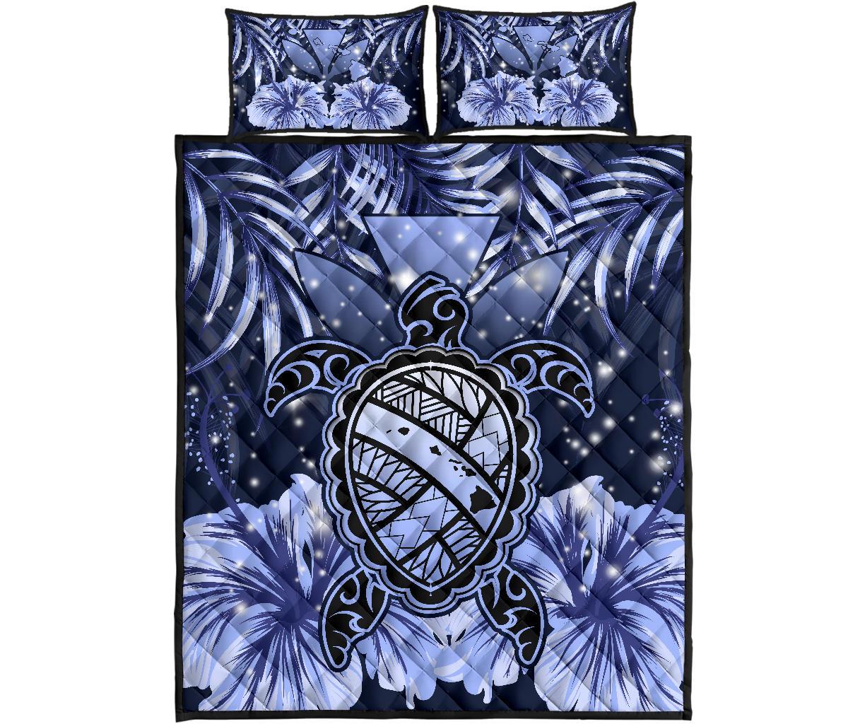 Hawaii Turtle Hibiscus Blue Quilt Bed Set - Hac Style - AH Blue - Polynesian Pride