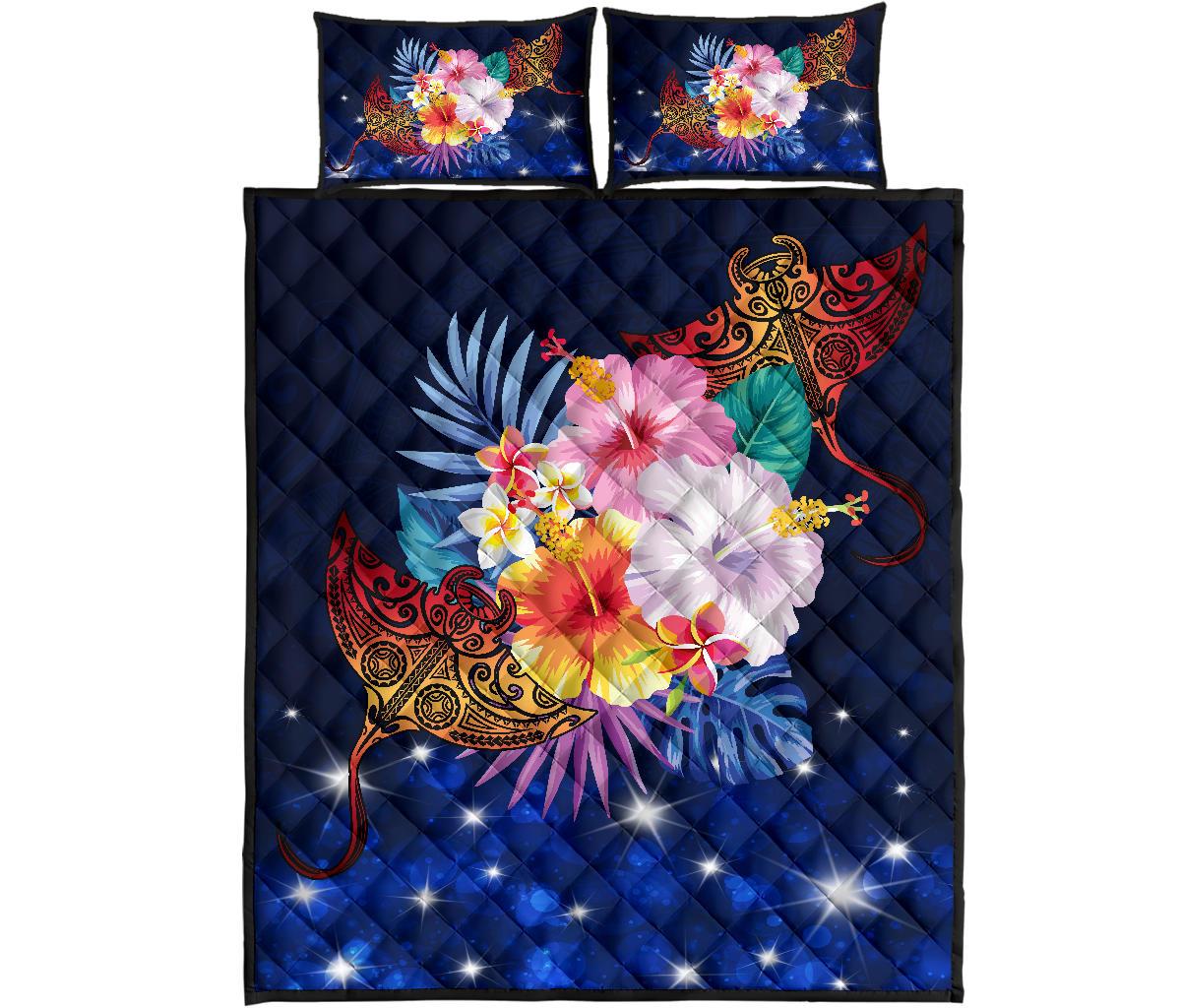 Hawaii Couple Manta Ray Plumeria Hibiscus Tropical Polynesian Quilt Bed Set - Bling Style - AH Blue - Polynesian Pride