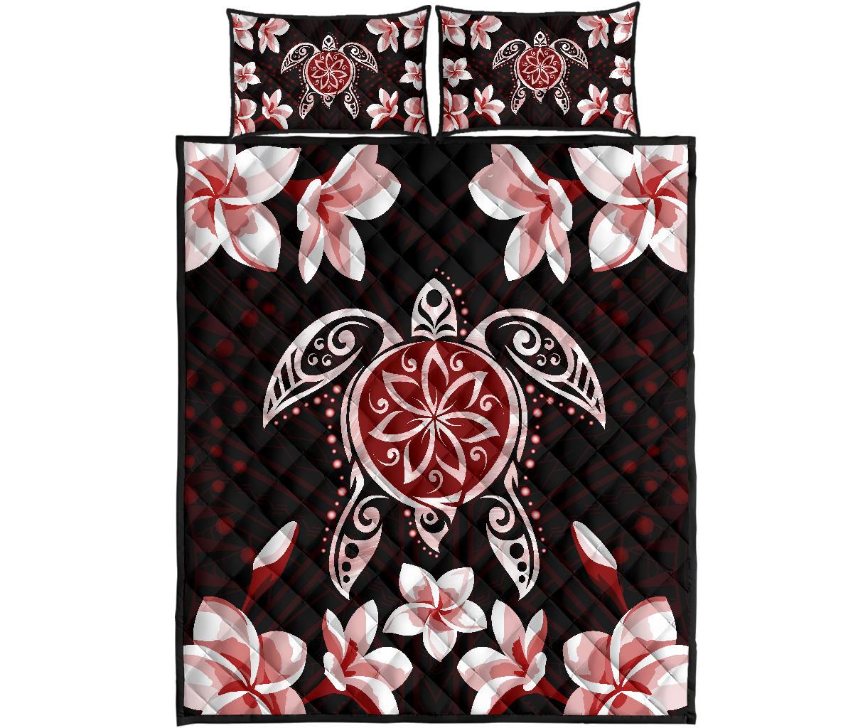 Hawaiian Reddie Turtle Plumeria Quilt Bed Set Black - Polynesian Pride