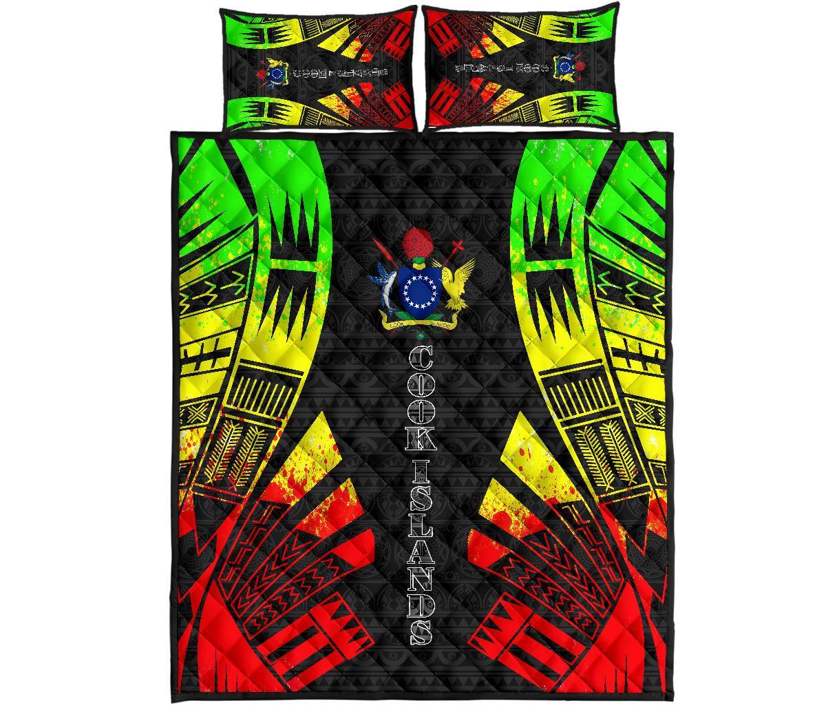 Cook Islands Quilt Bed Set - Cook Islands Coat Of Arms & Polynesian Reggae Tattoo Style Art - Polynesian Pride