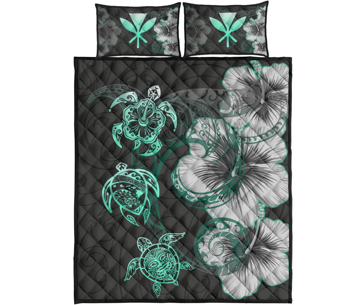 Hawaii Map Turtle Hibiscus Polynesian Green - Quilt Bed Set AH Green - Polynesian Pride