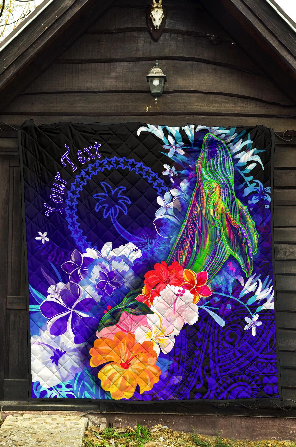 Custom Personalised Chuuk Premium Quilt - Humpback Whale with Tropical Flowers (Blue) - Polynesian Pride