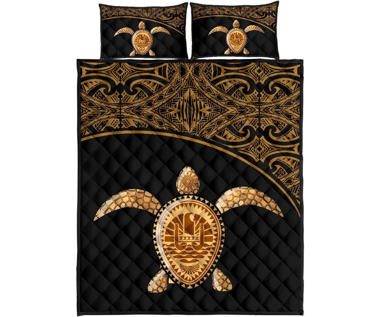 Tahiti Polynesian Quilt Bed Set - Tahiti Flag Turtle Gold Curve Style Art - Polynesian Pride