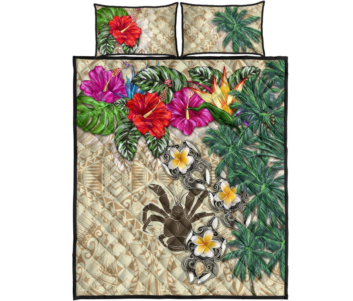 Niue Polynesian Quilt Bed Set - Hibiscus Turtle Tattoo Beige - Polynesian Pride