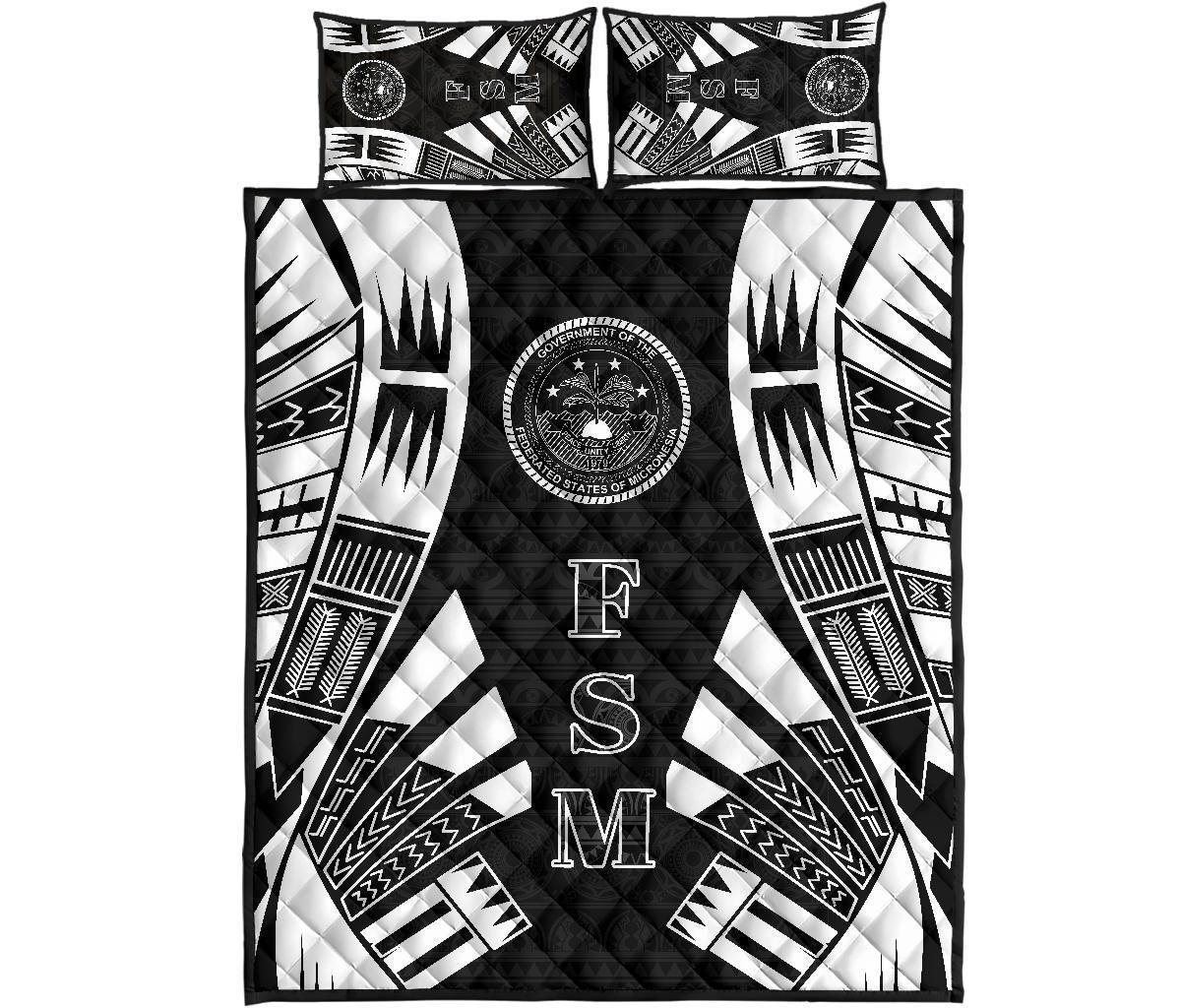 Federated States of Micronesia Quilt Bed Set - Federated States of Micronesia Seal Polynesian White Tattoo Style Black - Polynesian Pride