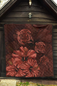 Hawaiian Map Hibiscus Turtle Vintage Polynesian Premium Quilt Red - Polynesian Pride