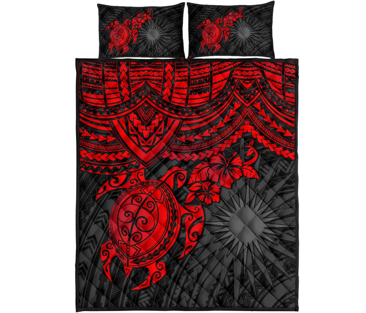 Marshall Islands Polynesian Quilt Bed Set - Marshall Islands Flag & Red Turtle Hibiscus - Polynesian Pride