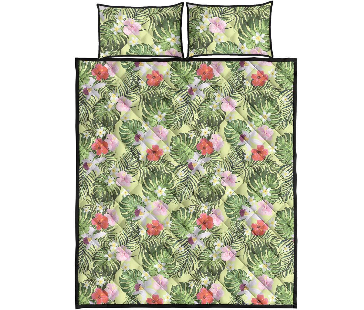 Tropical Hibiscus, Plumeria Green Quilt Bed Set Art - Polynesian Pride