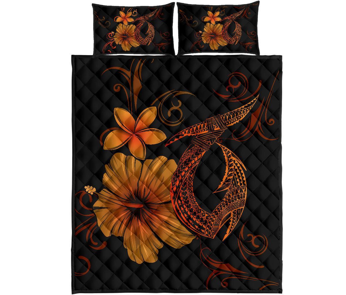 Hawaii Fish Hook Kanaka Map Hibiscus Poly Quilt Bed Set - Orange Orange - Polynesian Pride