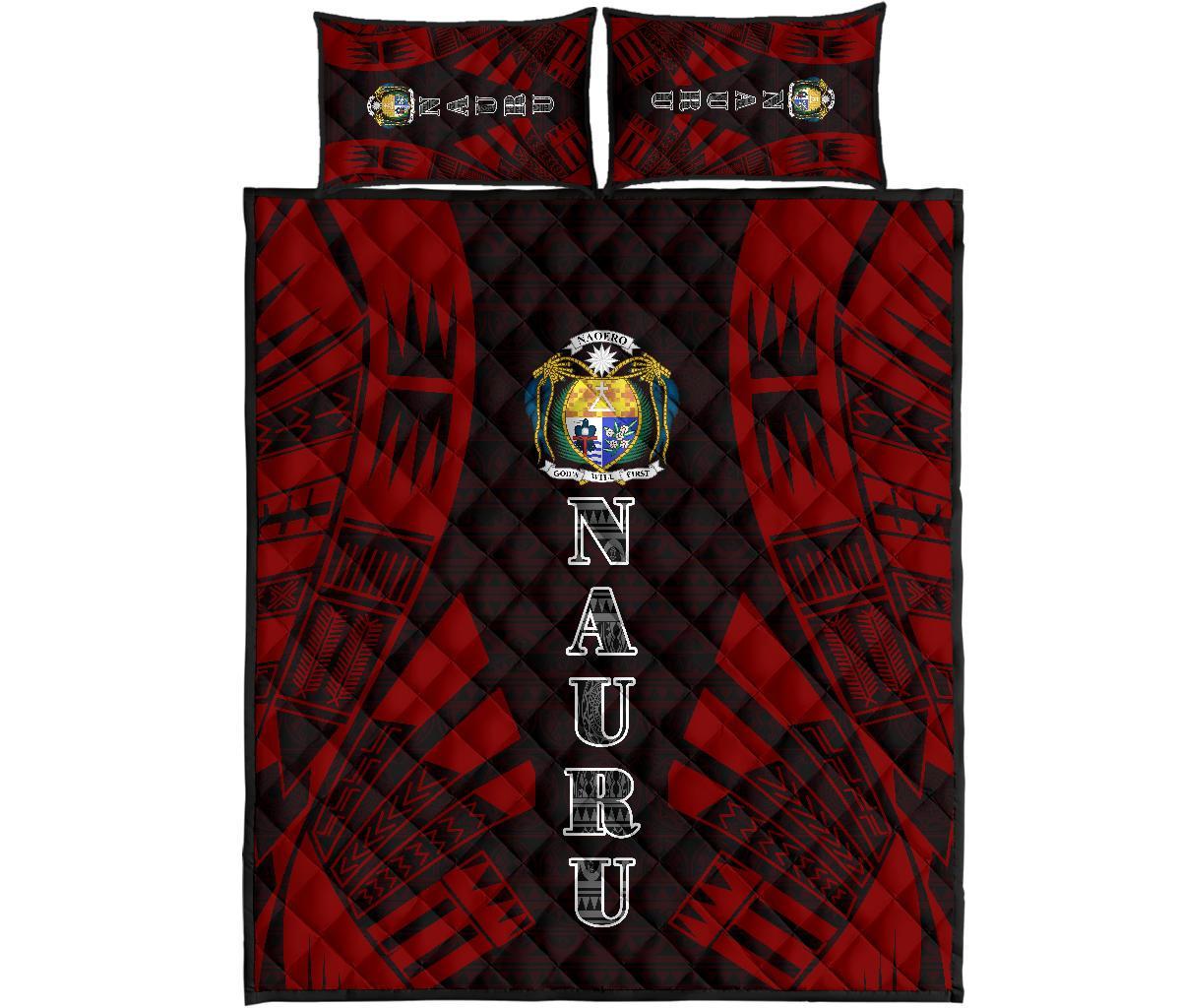 Nauru Quilt Bed Set - Nauru Coat Of Arms & Polynesian Red Tattoo Style Red - Polynesian Pride