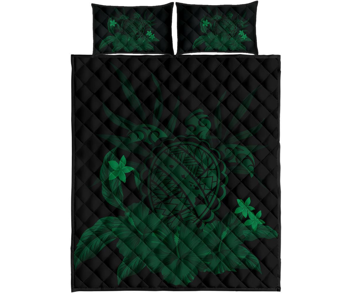 Hawaii Turtle Map Hibiscus Quilt Bed Set - Green Green - Polynesian Pride