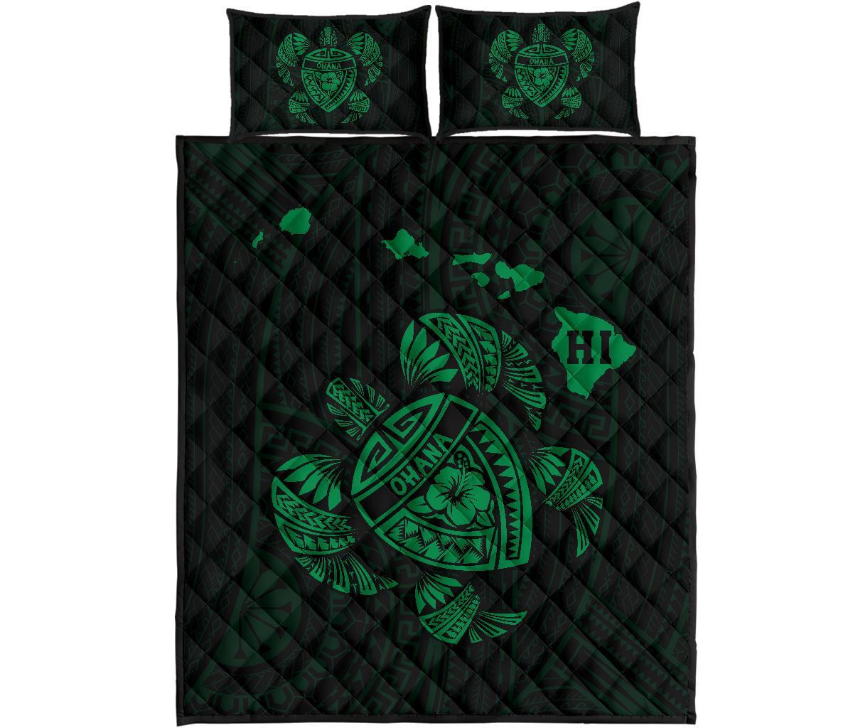 Hawaii Turtle Hibicus Map Quilt Bed Set - Green Green - Polynesian Pride