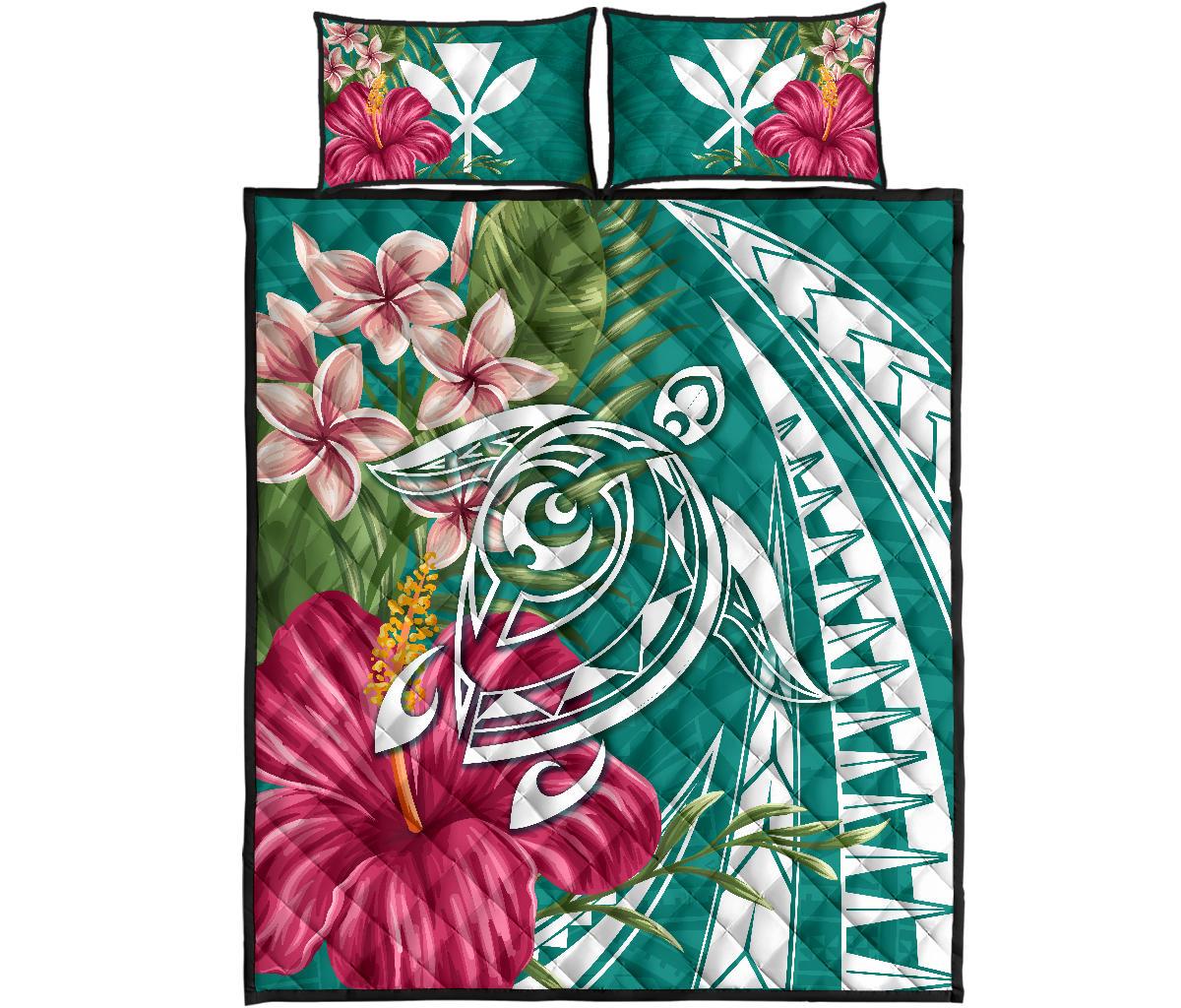 Hawaii Polynesian Turtle Tropical Hibiscus Plumeria Quilt Bed Set - Turquoise Turquoise - Polynesian Pride