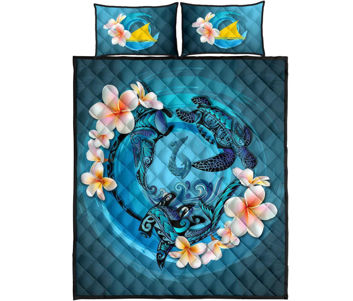 Tokelau Polynesian Quilt Bed Set - Blue Plumeria Animal Tattoo - Polynesian Pride
