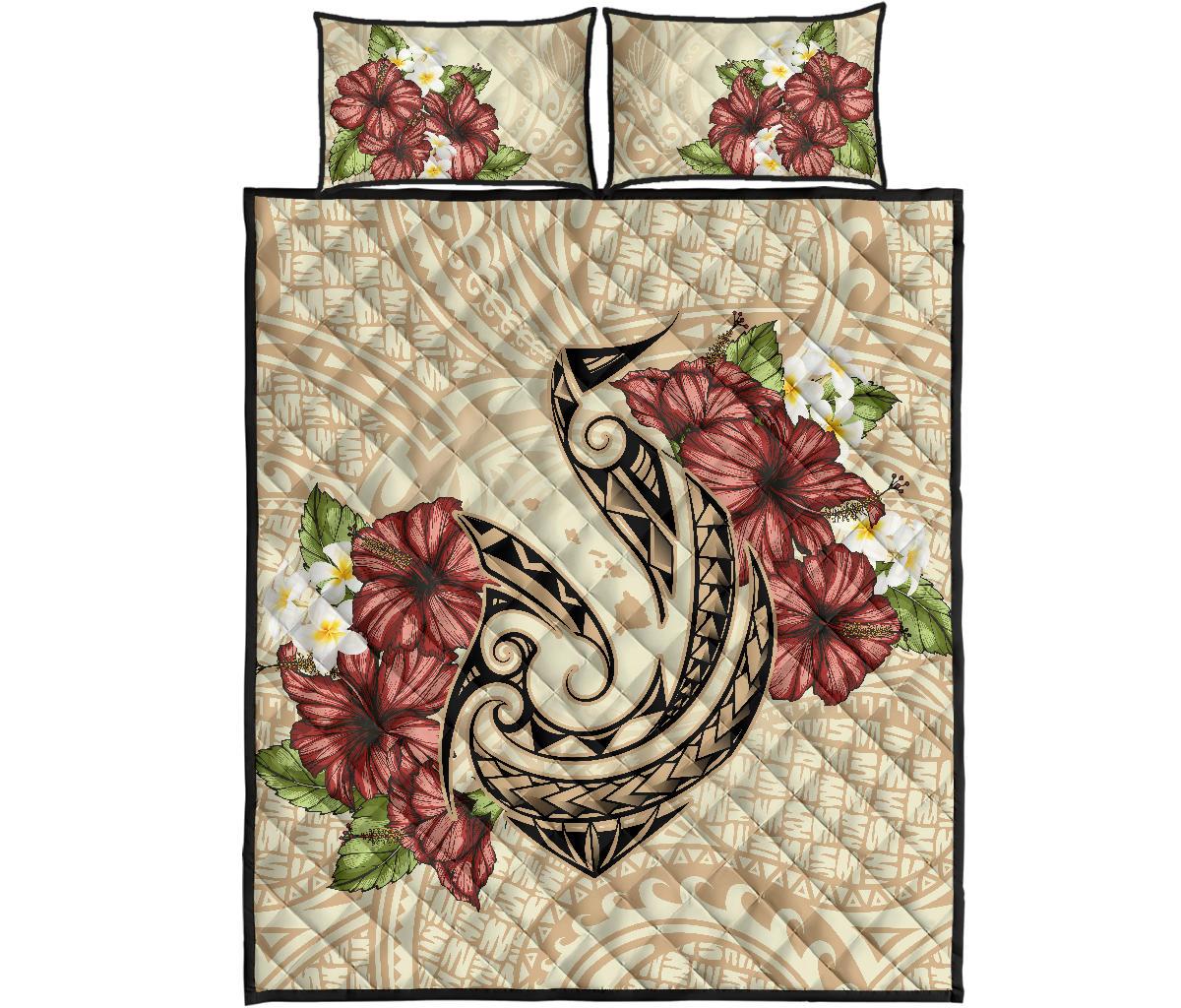 Hawaii Fish Hook Hibiscus Plumeria Polynesian Quilt Bed Set Beige - Polynesian Pride