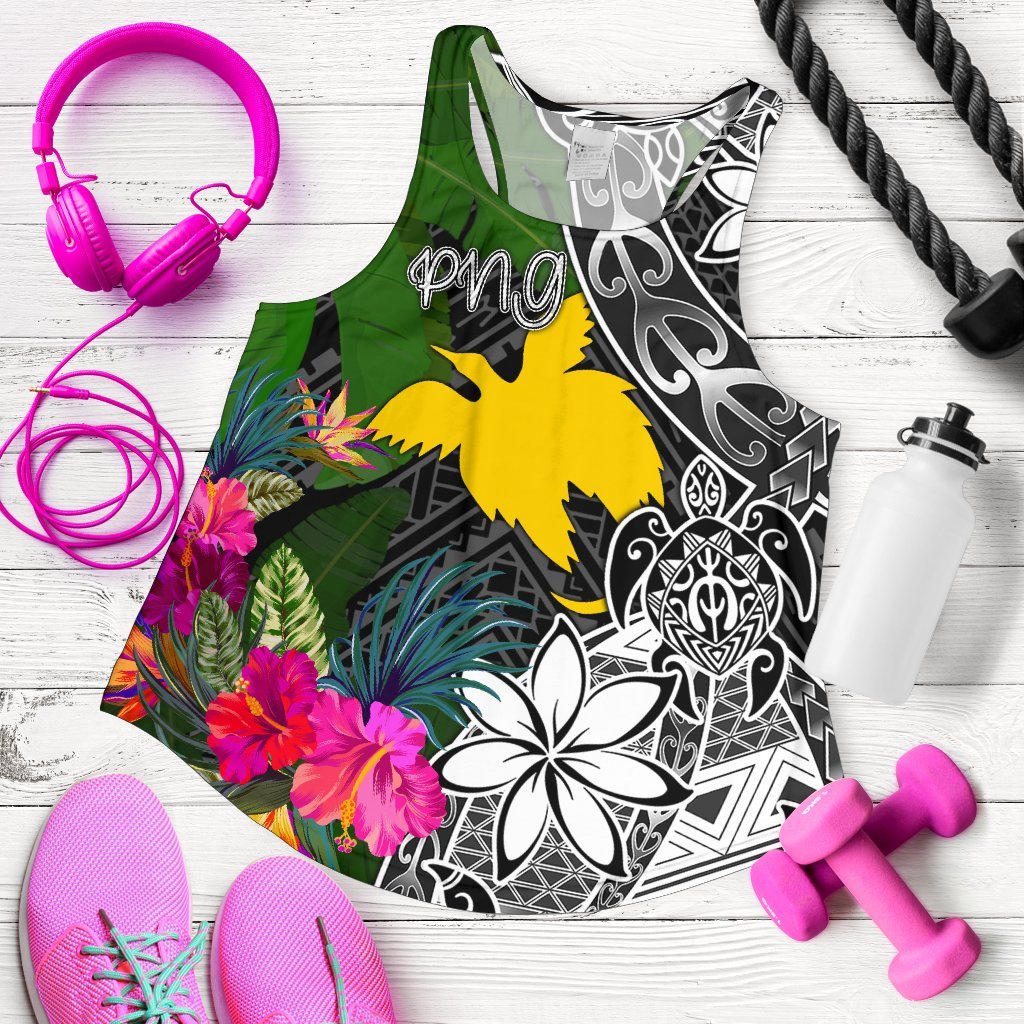 Papua New Guinea Women Racerback Tank - Turtle Plumeria Banana Leaf Black - Polynesian Pride