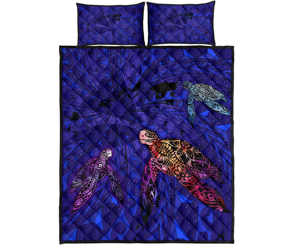 Hawaii Map Kanaka Turtle Quilt Bed Set - Volcano Style - Galaxy Blue - Polynesian Pride