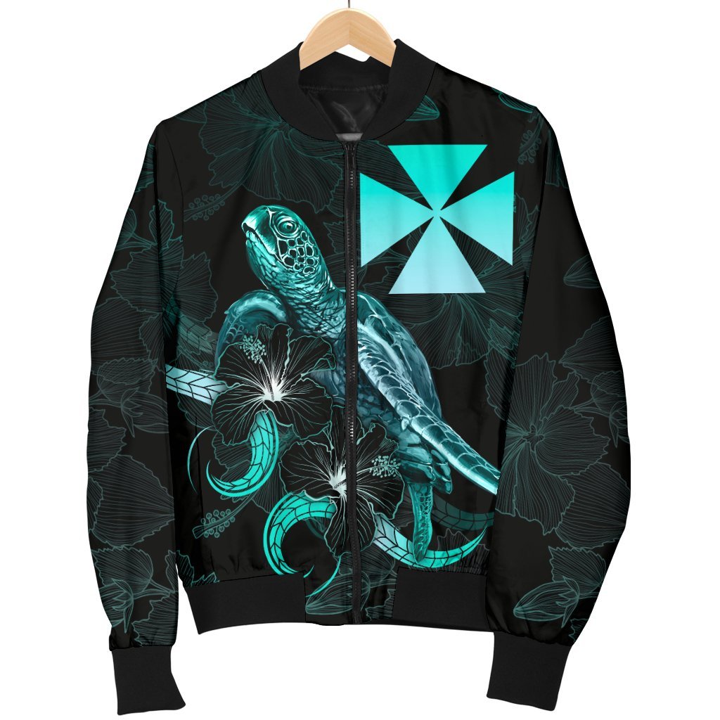 Wallis and Futuna Polynesian Men's Bomber Jacket - Turtle With Blooming Hibiscus Turquoise - Polynesian Pride