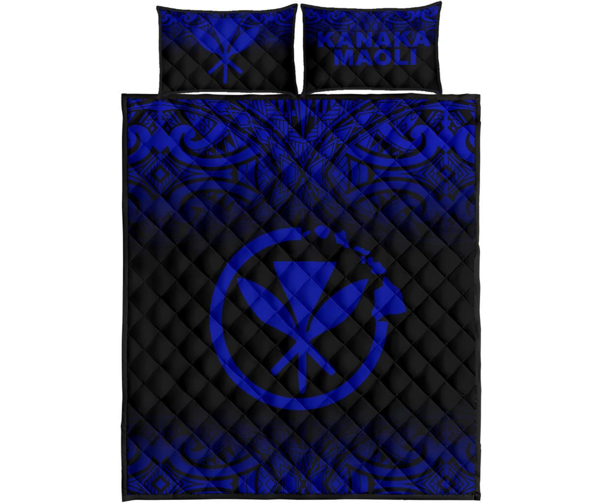 Hawaii Quilt Bed Set - Kanaka Maoli Polynesian Tattoo Black Fog Style Blue Version Blue - Polynesian Pride