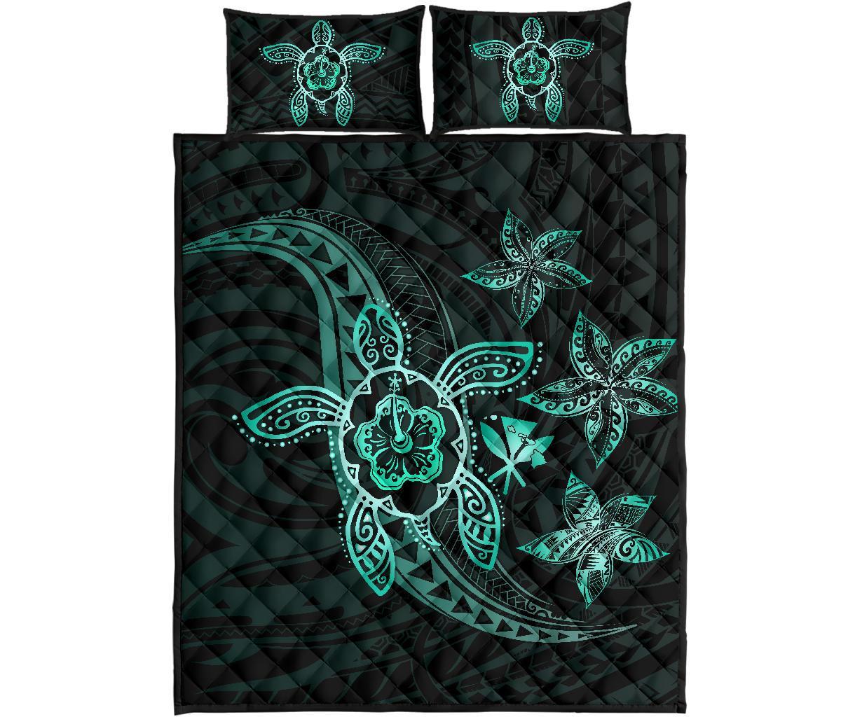 Kanaka Map Hibiscus Plumeria Turtle Art Turquoise Polynesian Quilt Bed Set Turquoise - Polynesian Pride