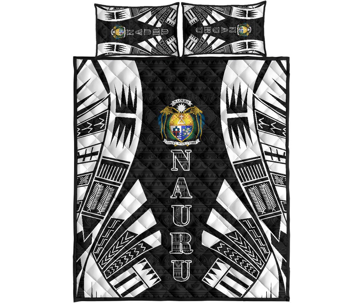 Nauru Quilt Bed Set - Nauru Coat Of Arms & Polynesian White Tattoo Style Black - Polynesian Pride