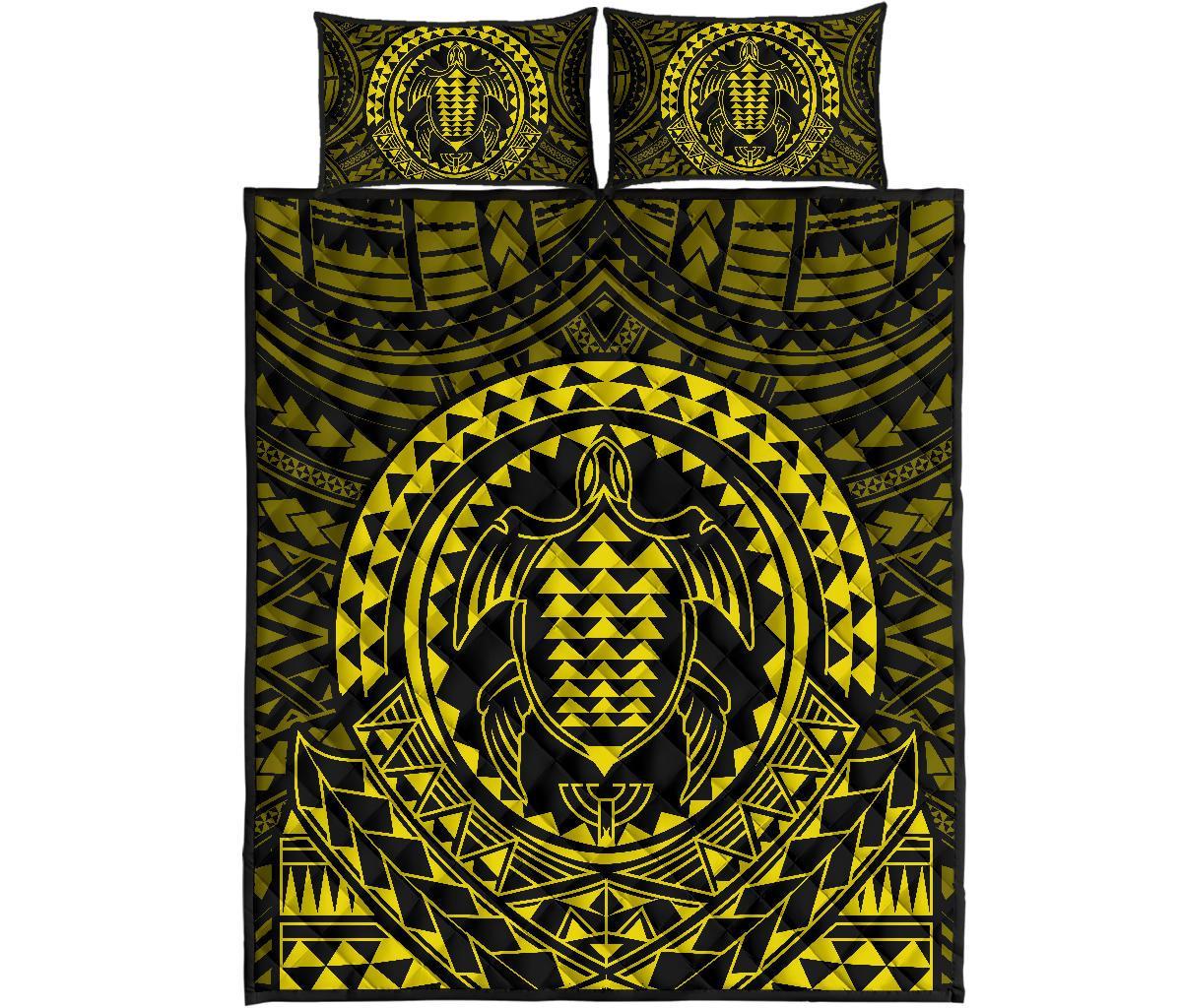 Hawaiian Kakau Honu Arc Yellow Polynesian Quilt Bed Set Yellow - Polynesian Pride