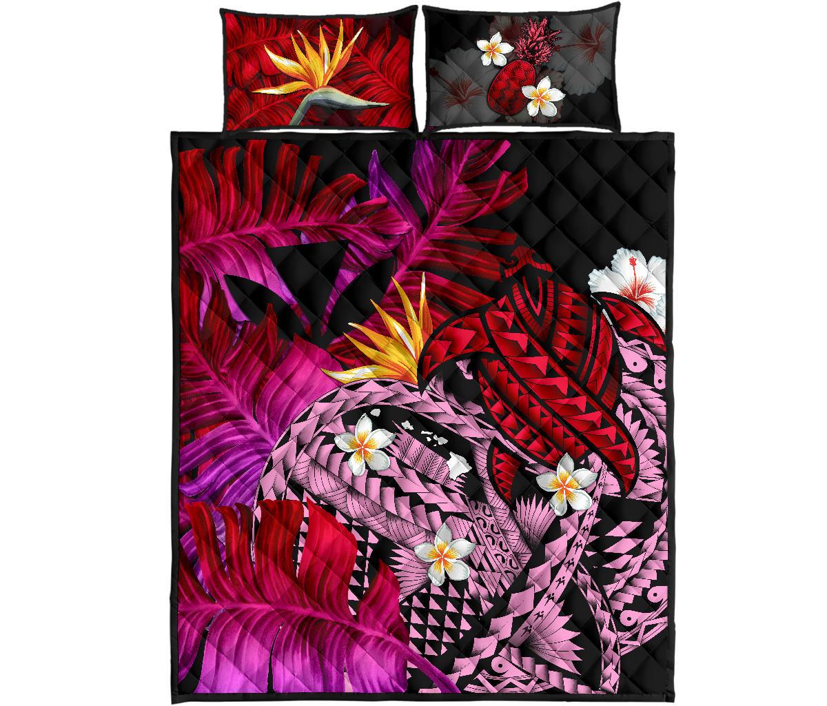 Kanaka Maoli (Hawaiian) Quilt Bed Set, Polynesian Pineapple Banana Leaves Turtle Tattoo Pink Pink - Polynesian Pride