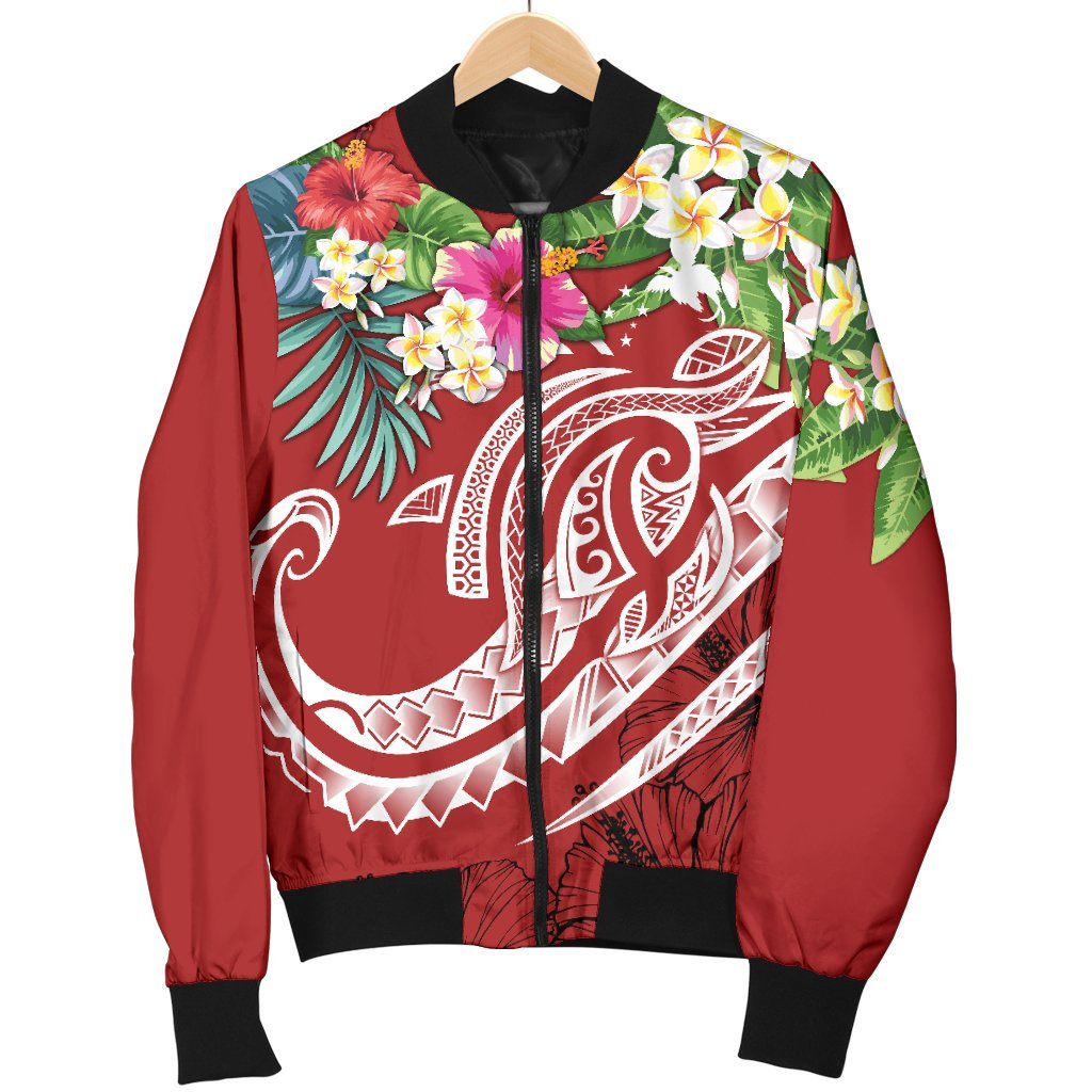 Papua New Guinea Polynesian Men's Bomber Jacket - Summer Plumeria (Red) - Polynesian Pride