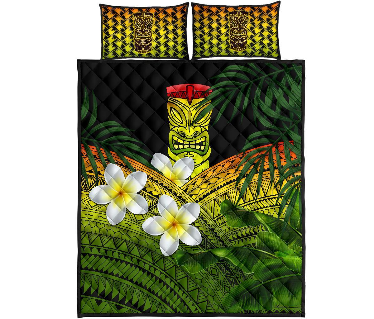 Hawaii Quilt Bed Set, Polynesian Tiki Plumeria Banana Leaves Reggae Reggae - Polynesian Pride