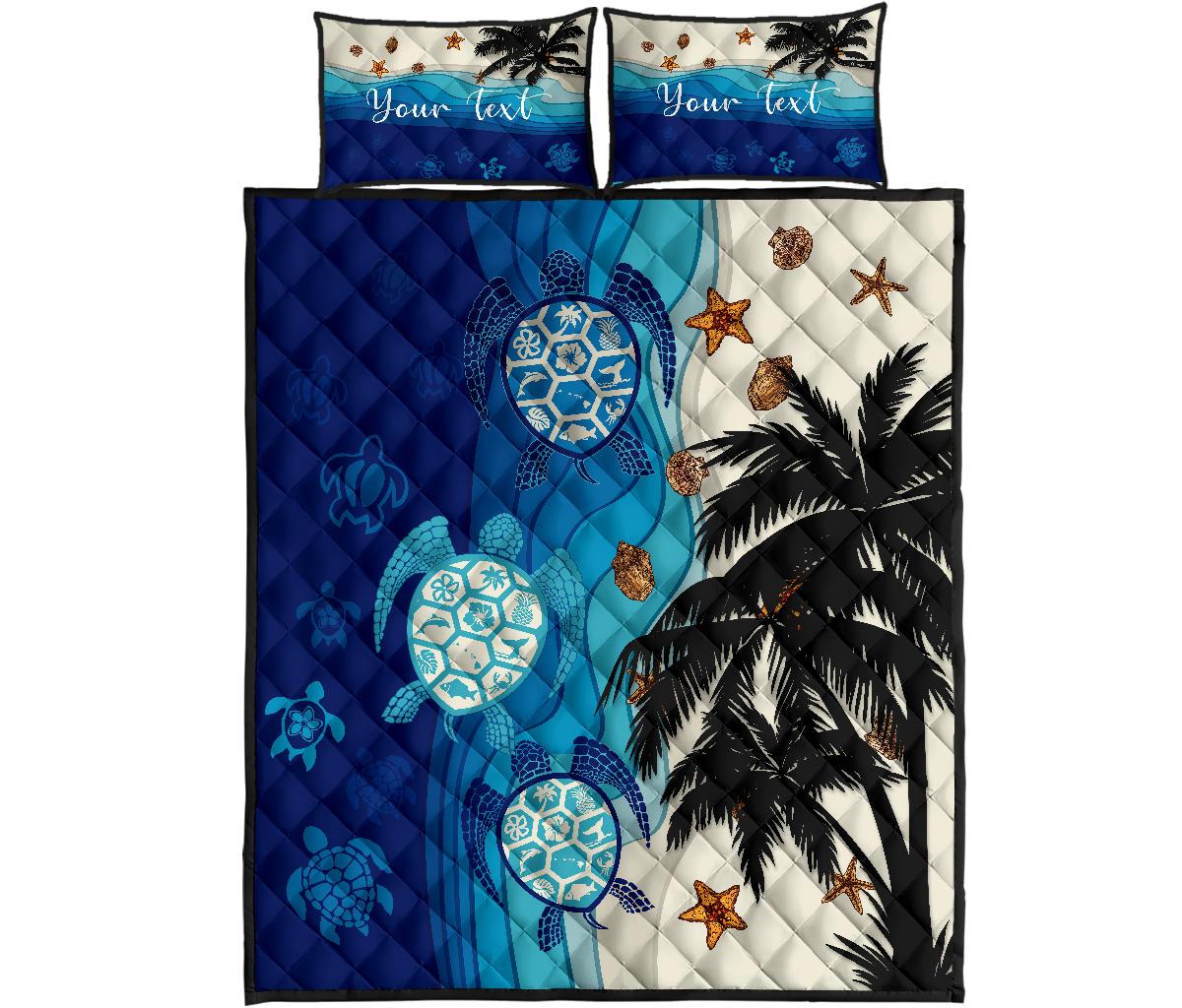 Personalized - Hawaiian Sea Turtle Symbol Palm Tree Quilt Bed Set Blue - Polynesian Pride