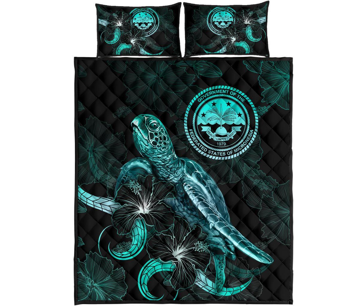 Federated States of Micronesia Polynesian Quilt Bed Set - Turtle With Blooming Hibiscus Turquoise - Polynesian Pride