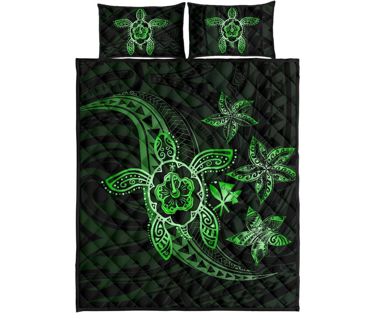 Kanaka Map Hibiscus Plumeria Turtle Art Green Polynesian Quilt Bed Set Green - Polynesian Pride