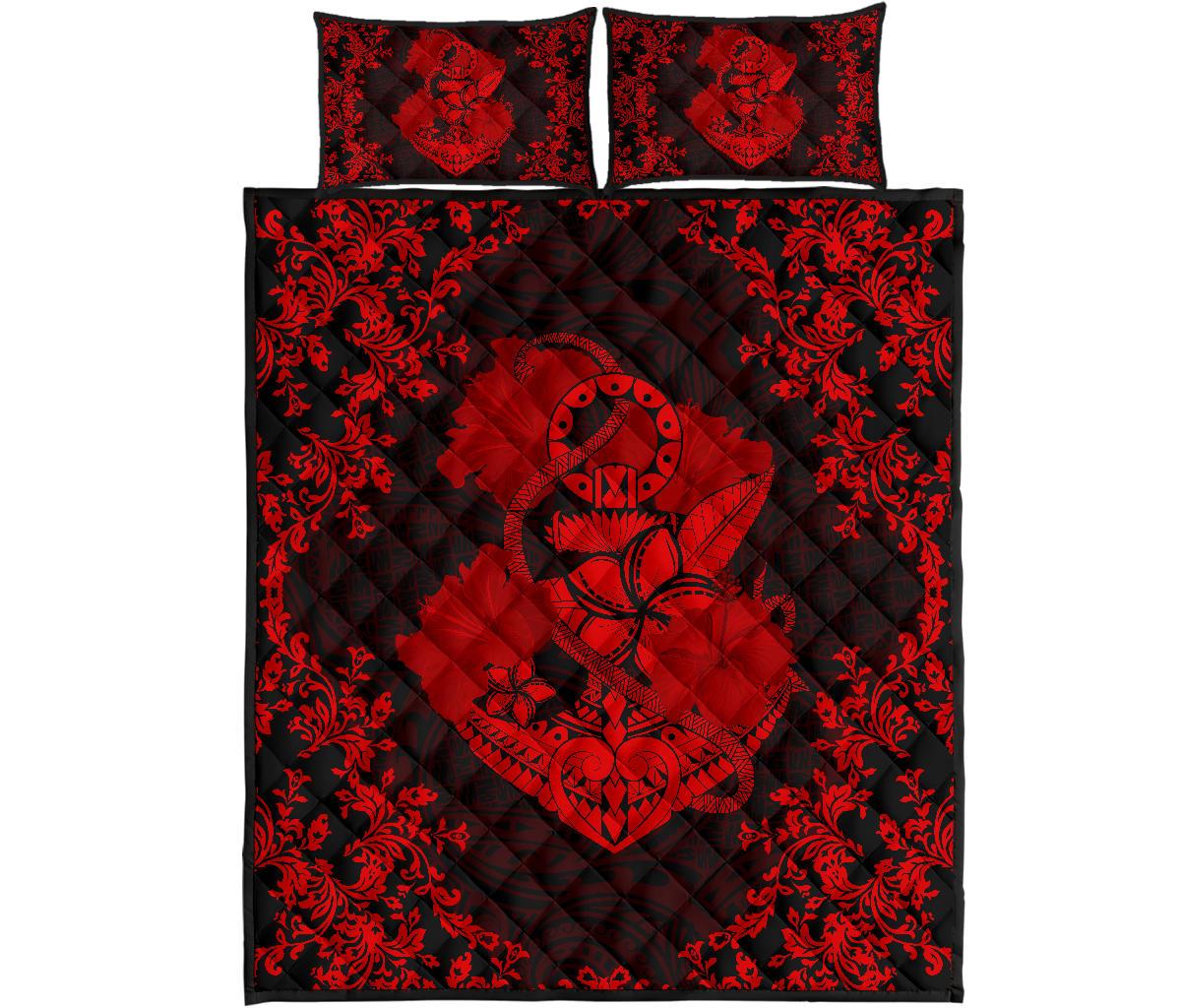 Hawaii Anchor Hibiscus Flower Vintage Quilt Bed Set - AH - Red Red - Polynesian Pride