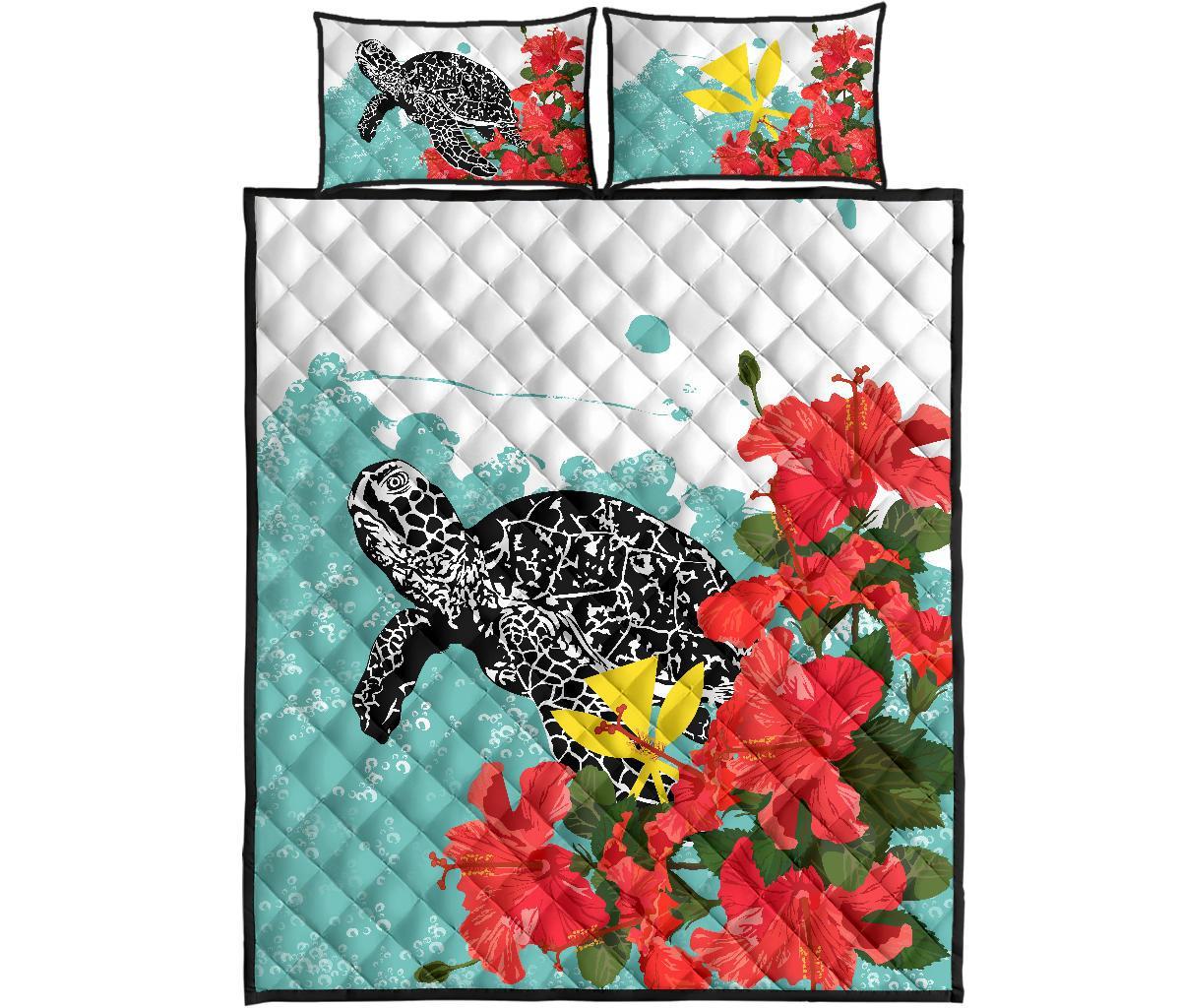 Hawaii Turle Sea Hibiscus Quilt Bed Set Blue - Polynesian Pride