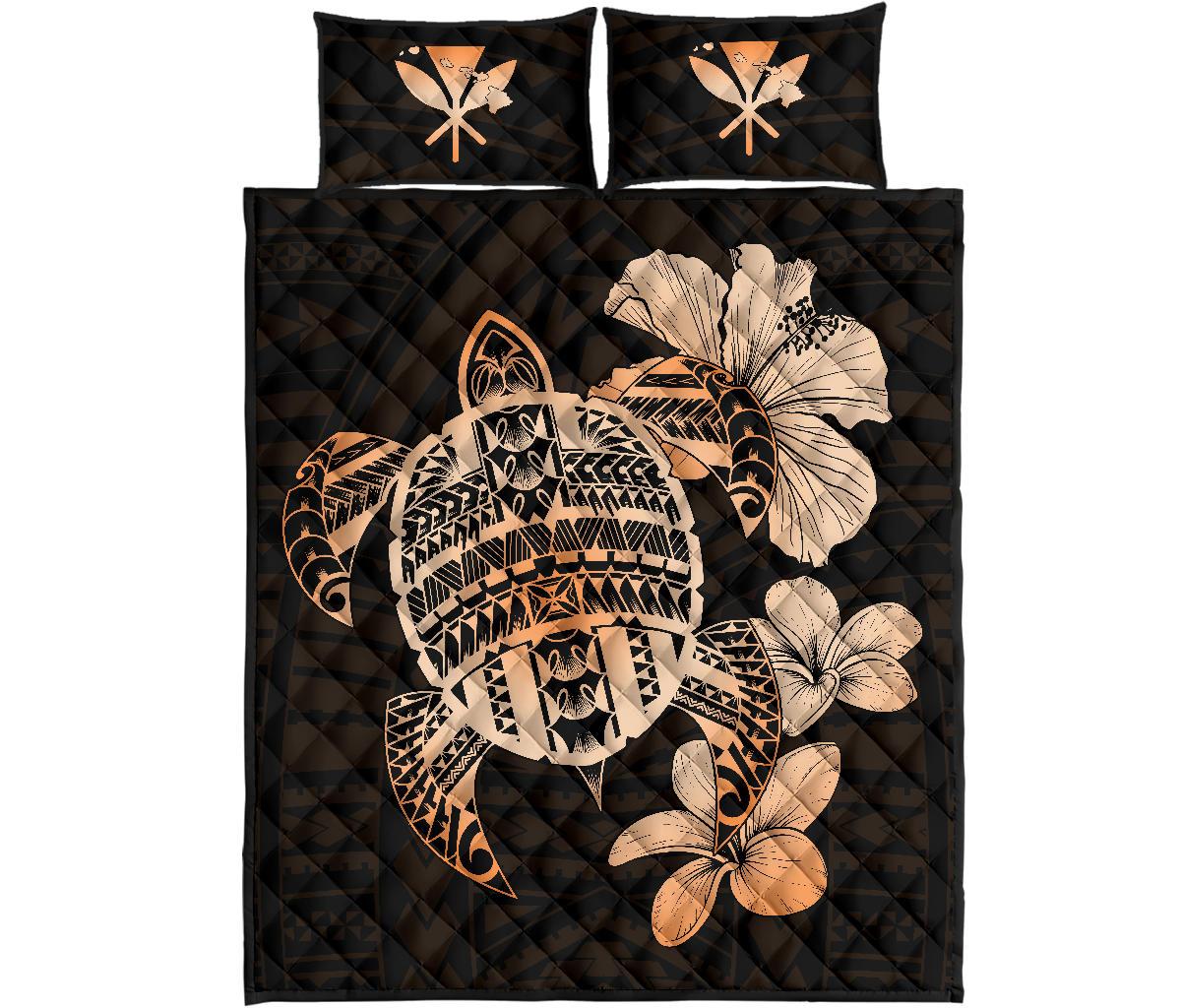 Hawaiian Kanaka Hibiscus Plumeria Mix Polynesian Turtle Quilt Bed Set Orange AH Orange - Polynesian Pride