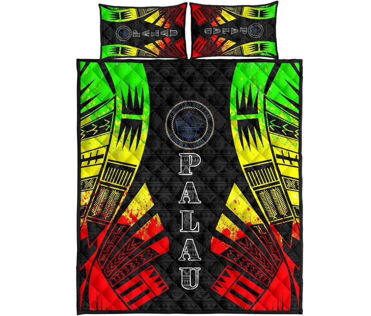 Palau Quilt Bed Set - Palau Seal & Polynesian Reggae Tattoo Style Art - Polynesian Pride